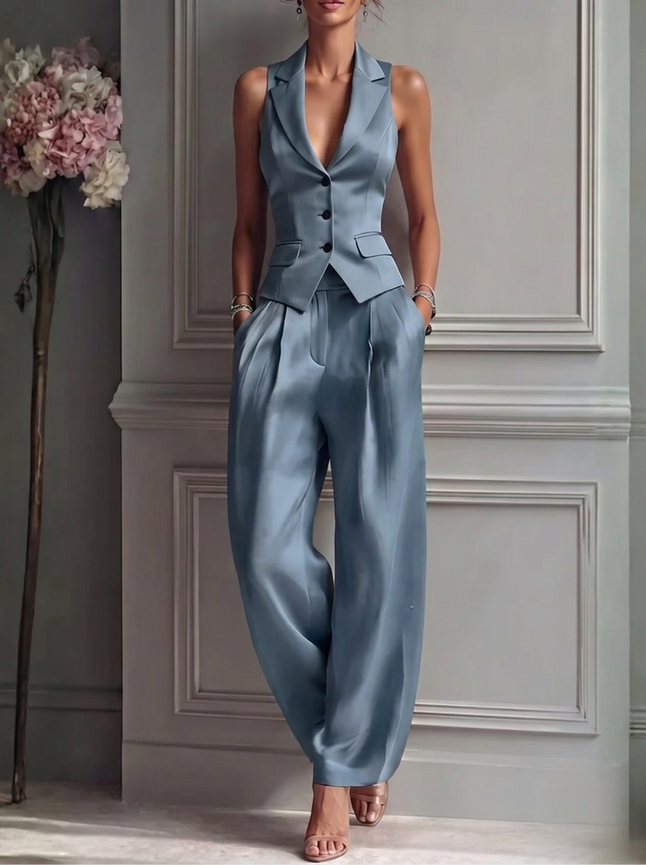 Women's complete two-piece outfit: sleeveless vest, high-waist wide-leg pants. Elegant, smart casual, summer style.