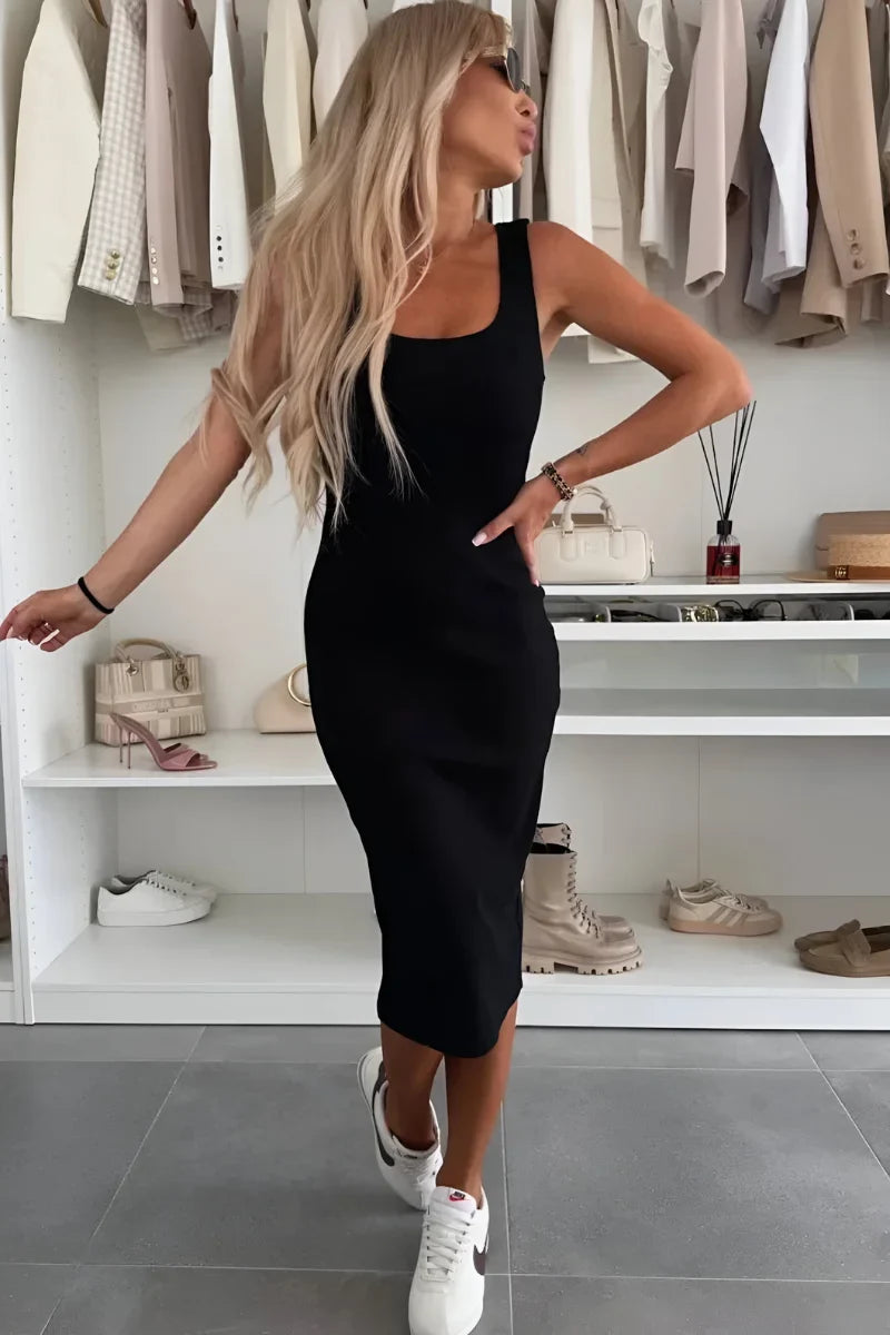 Chic women's two-piece matching set: square-neck midi dress and coordinating cardigan, perfect for any occasion.