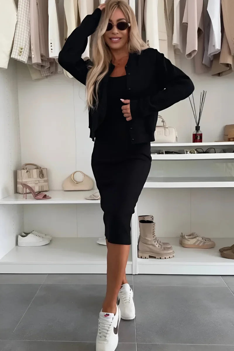 Women's stylish two-piece set: square-neck midi dress & cropped cardigan. Perfect for an elegant look.