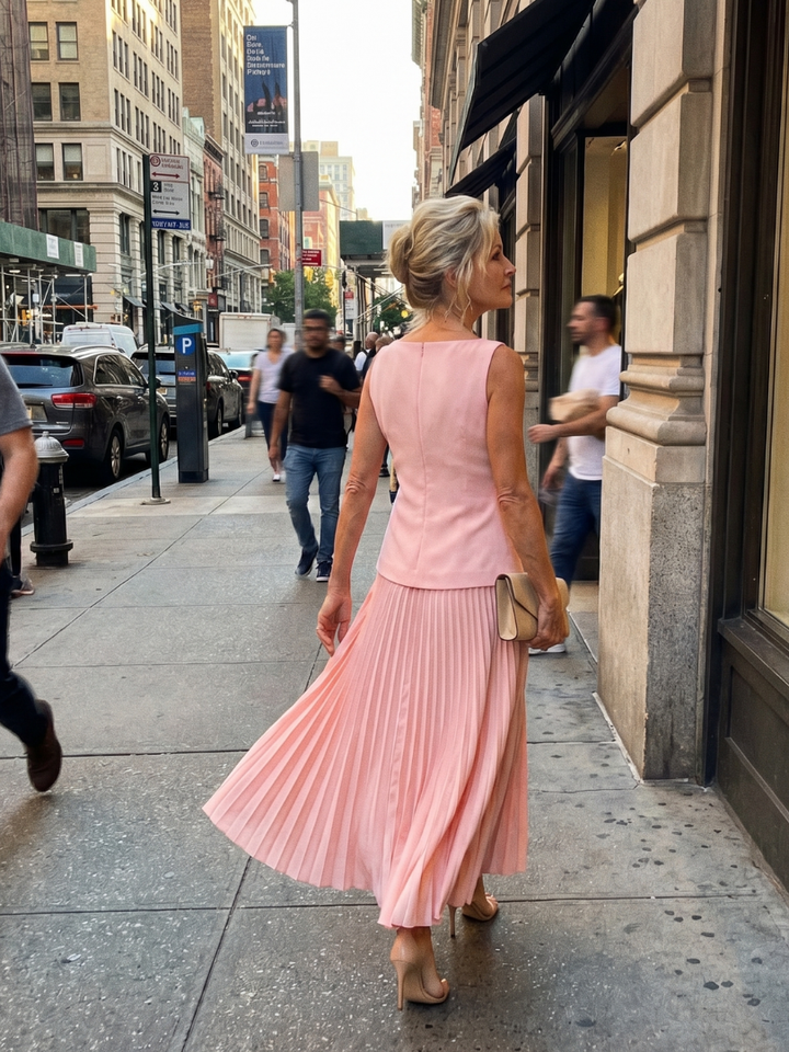 Back of a stylish women's structured sleeveless top and elegant pleated skirt matching set.