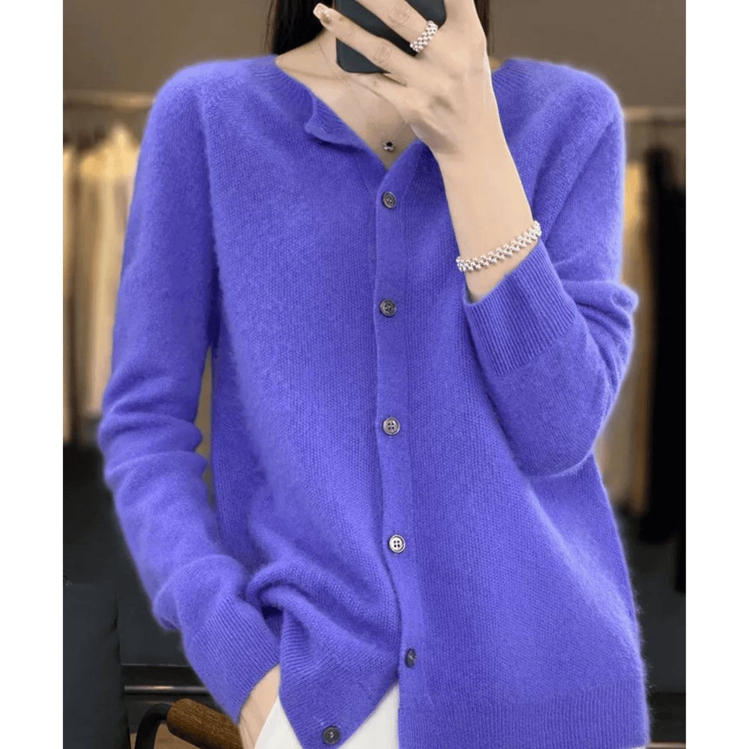 Women's elegant V-neck button cardigan in a classic knit for versatile layering.