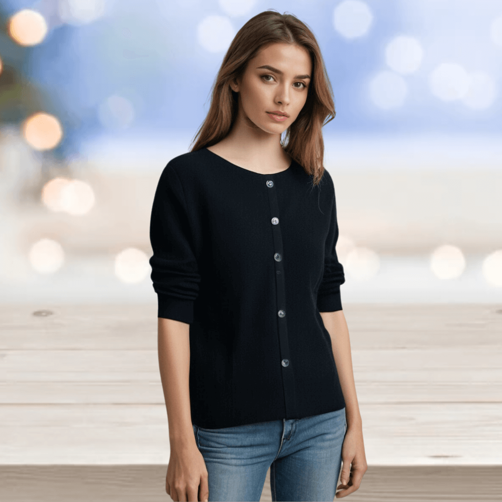 Casual chic women's V-neck cardigan, a comfortable long sleeve sweater for ladies.