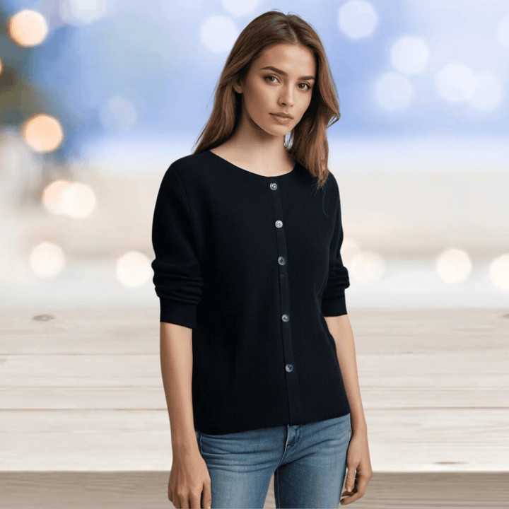 Casual chic women's V-neck cardigan, a comfortable long sleeve sweater for ladies.