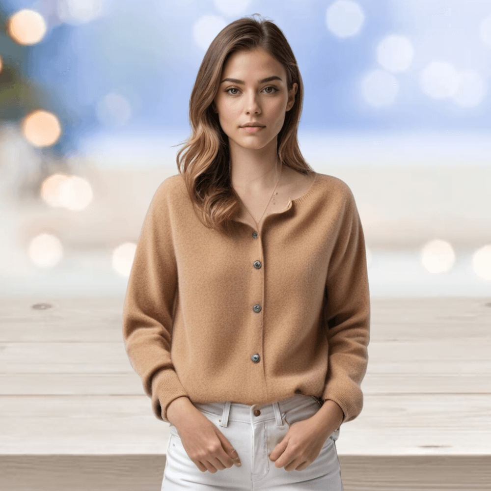 Ladies' classic V-neck knit cardigan, soft and comfortable for elegant layering.
