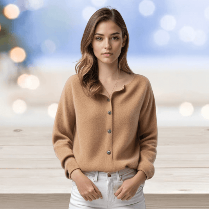 Ladies' classic V-neck knit cardigan, soft and comfortable for elegant layering.
