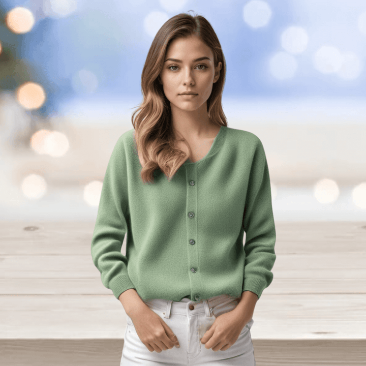 Women's V-neck knit cardigan, combining comfort and classic style for easy layering.