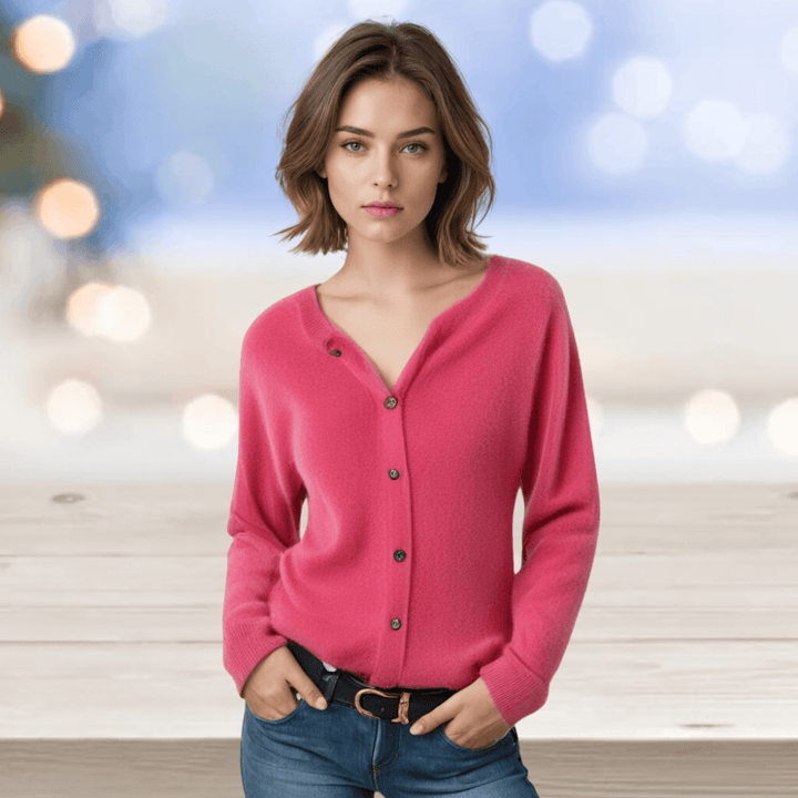 Everyday women's V-neck knit cardigan, a comfortable long sleeve top for ladies.