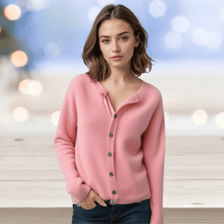 Chic women's V-neck button-front cardigan, classic layering knitwear for versatility.