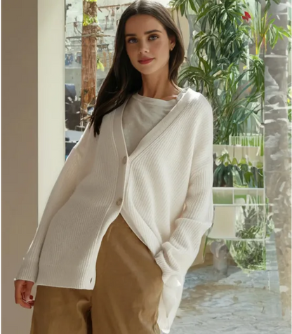 Women's elegant V-neck cardigan sweater, versatile layering for chic winter fashion.