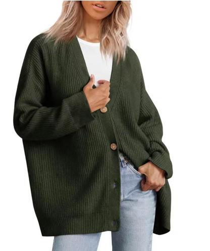 Stylish women's V-neck cardigan sweater, versatile & perfect for winter fashion.