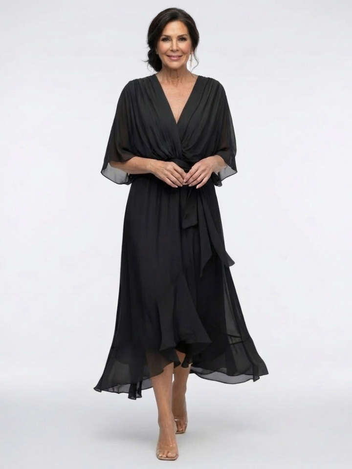 Sophisticated women's V-neck midi dress featuring a draped silhouette, flowy sleeves, and a chic waist tie.