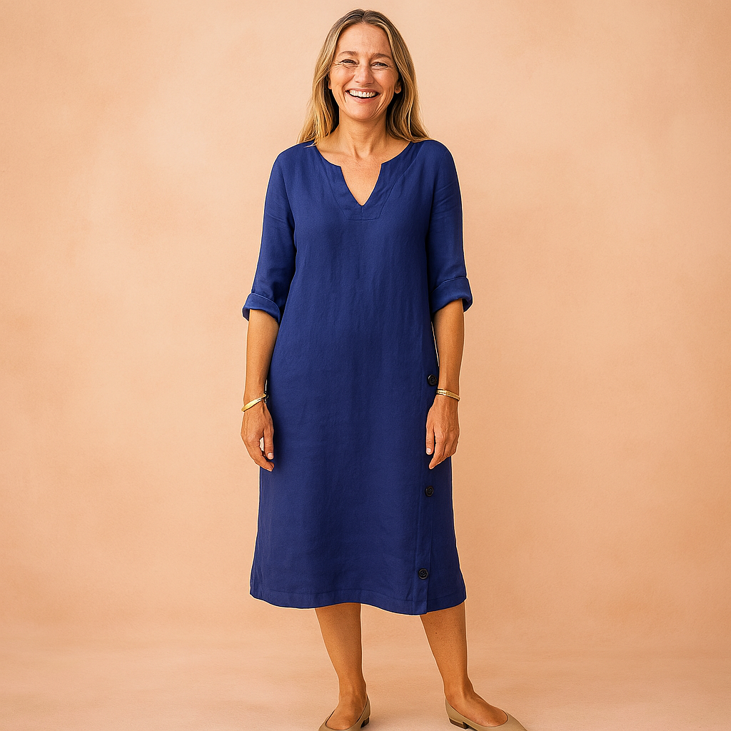 Elegant V-neck shift dress for women. Casual everyday wear, knee-length, loose fit, perfect for versatile styling.