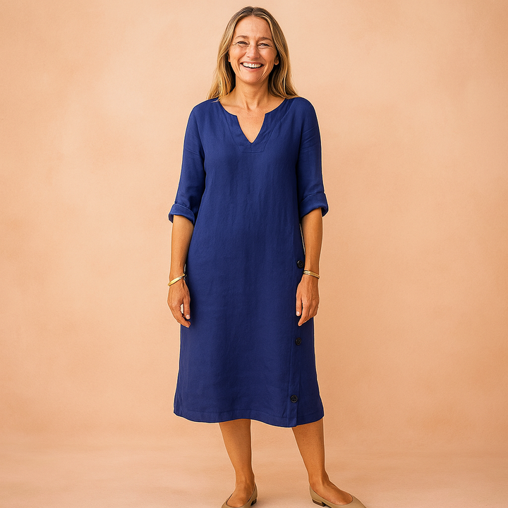 Elegant V-neck shift dress for women. Casual everyday wear, knee-length, loose fit, perfect for versatile styling.