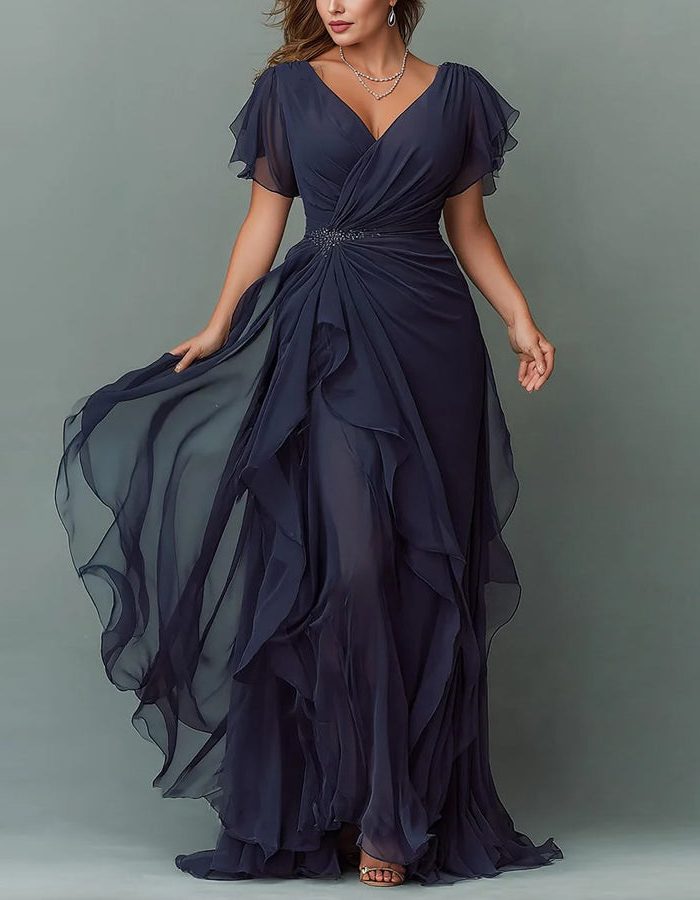 Women's elegant V-neck tiered ruffle maxi dress. Perfect formal evening gown for wedding guests.