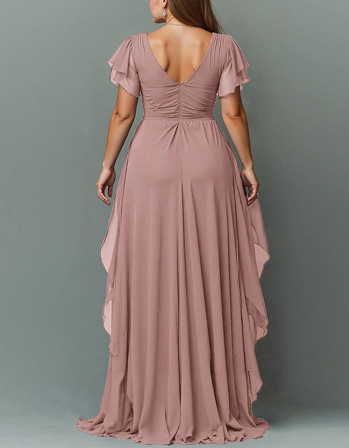 Stylish tiered ruffle maxi dress with V-neck. Formal evening wear for women, ideal for special occasions.