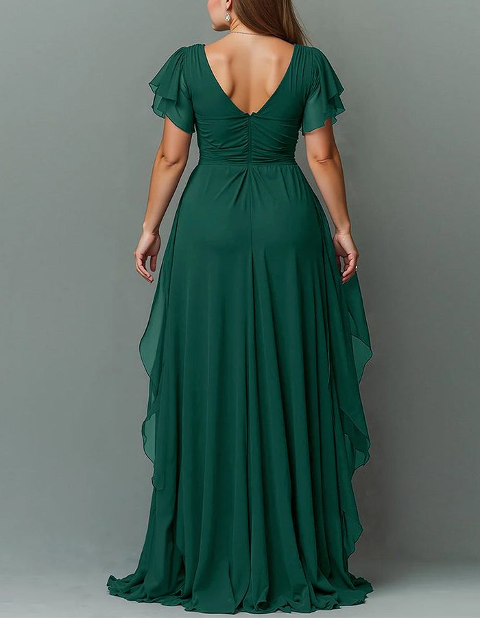 Elegant evening wear maxi dress with V-neck & tiered ruffles. Perfect for women's special occasions.