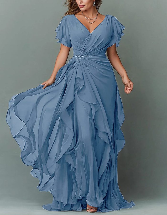 Navy blue V-neck tiered ruffle maxi dress. Women's elegant formal gown for wedding guests & evening.