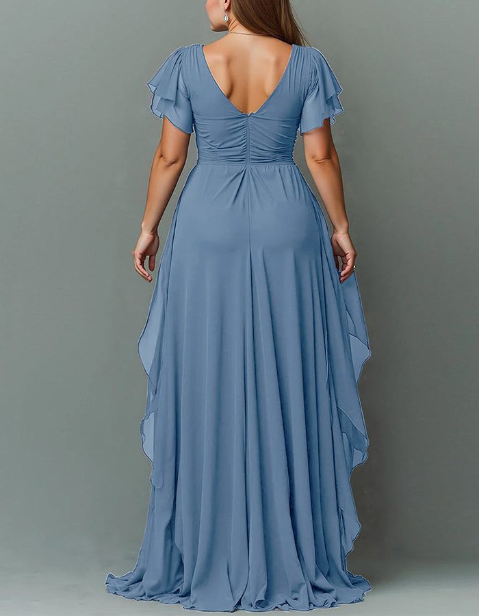 Pink V-neck tiered ruffle maxi dress. Stunning formal wedding guest attire, elegant evening wear.