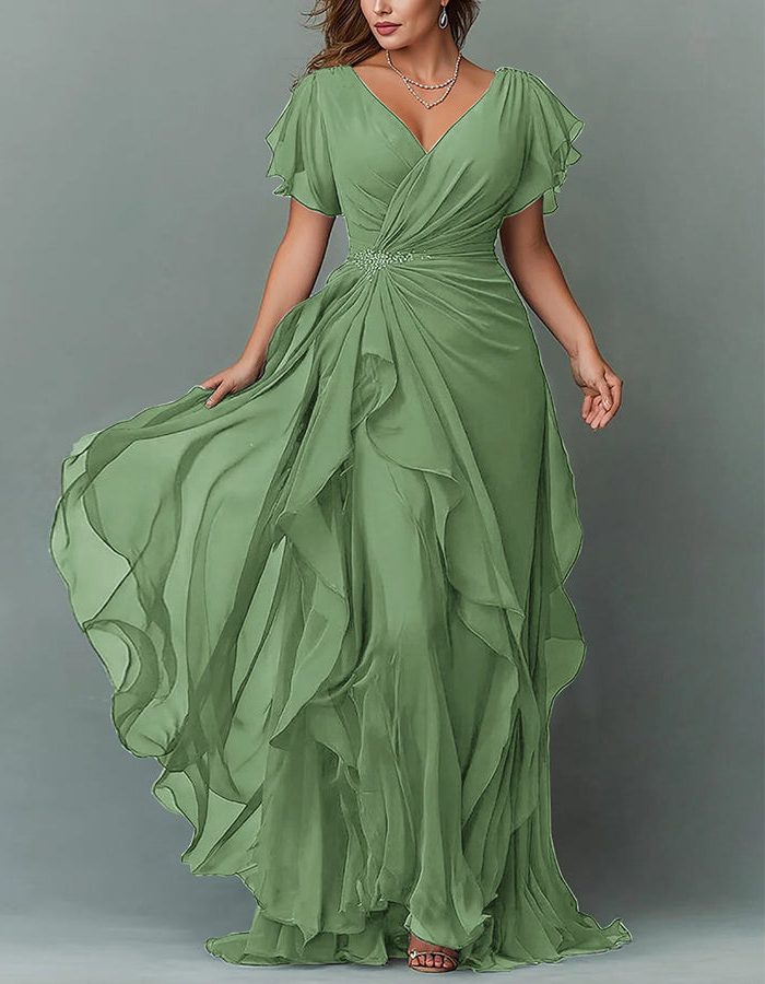 Black elegant V-neck tiered ruffle maxi dress. Classic formal gown for special events & wedding guests.