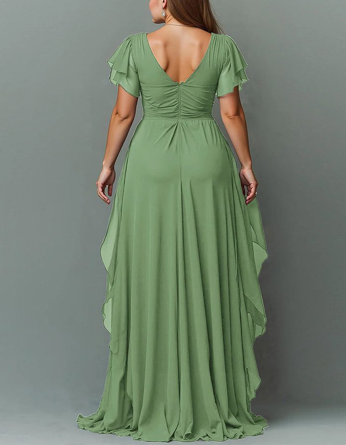 Blush formal V-neck tiered ruffle maxi dress. Women's elegant wedding guest gown for special occasions.