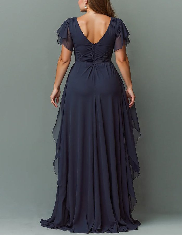 Navy blue V-neck tiered ruffle maxi dress. Elegant formal evening wear for women, ideal for wedding guests.