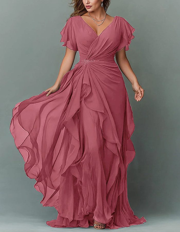 Pink tiered ruffle maxi dress with V-neck. Stunning wedding guest gown, elegant formal evening wear.