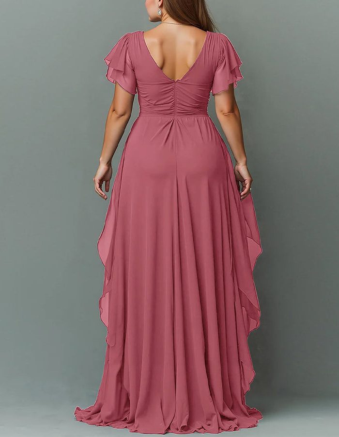 Black V-neck tiered ruffle maxi dress. Elegant formal gown for special occasions & wedding guests.
