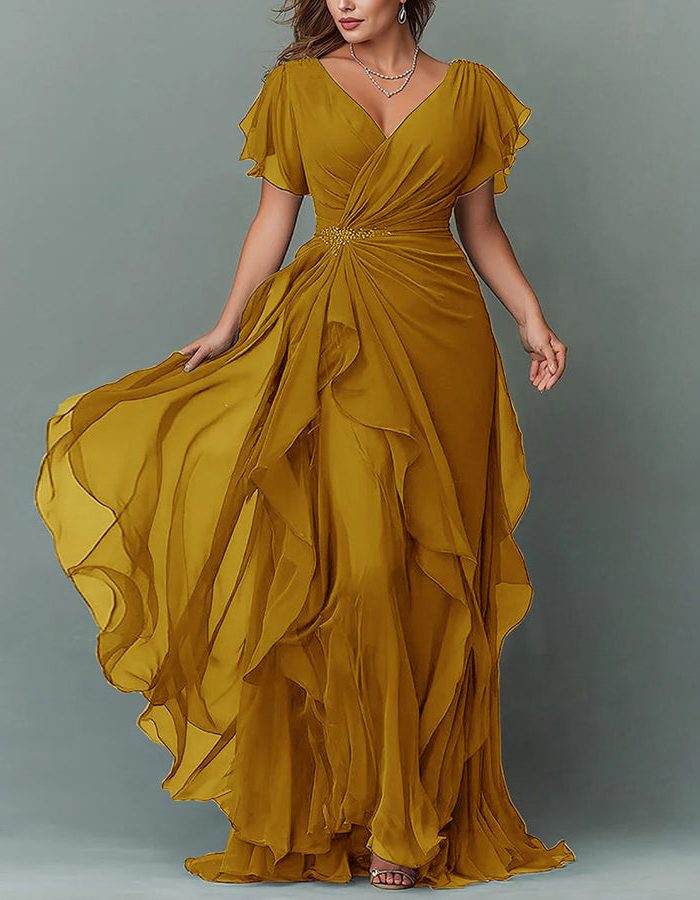 Blush tiered ruffle maxi dress with V-neck. Ideal for wedding guests, women's elegant evening wear.