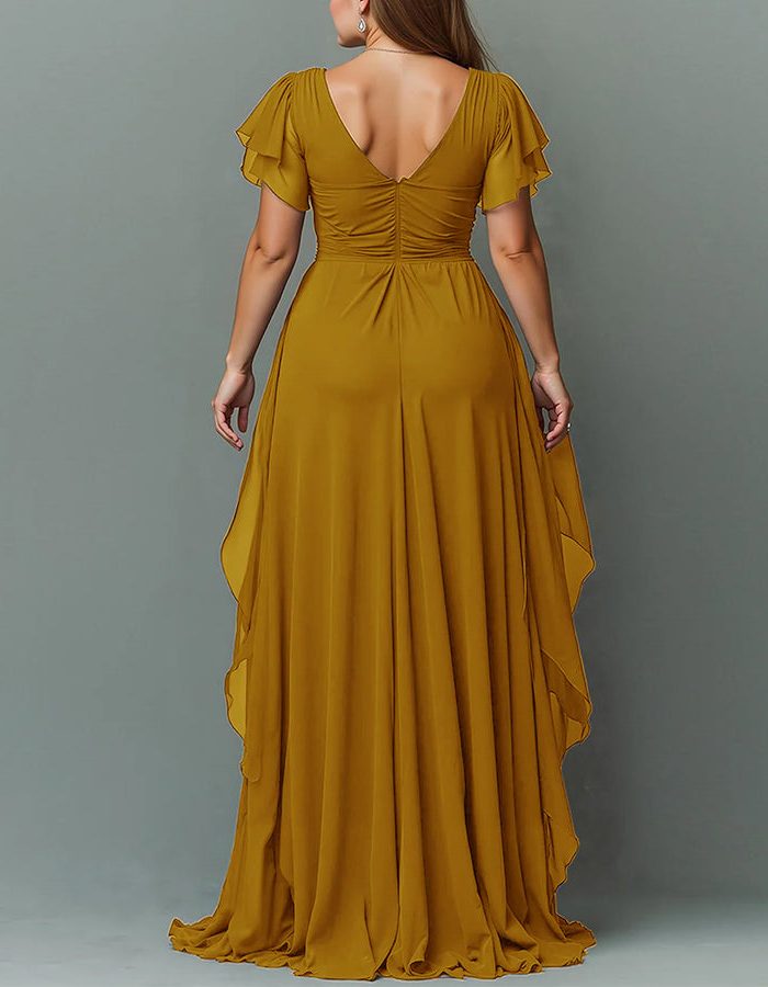 Dark green V-neck tiered ruffle maxi dress. Women's elegant wedding guest formal gown. Special occasion.