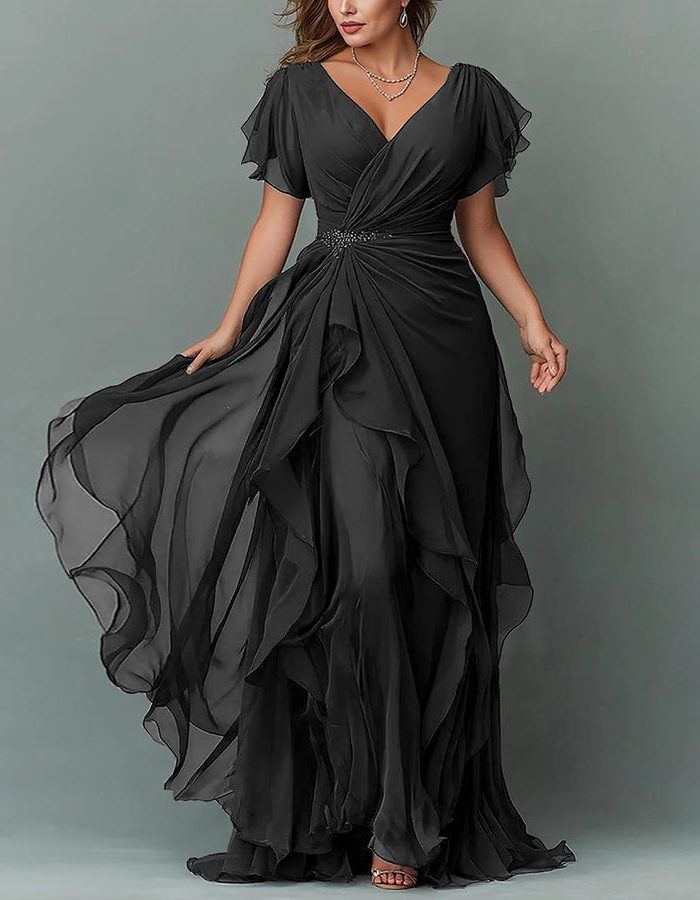 Light blue V-neck tiered ruffle maxi dress. Formal evening gown for special occasions & wedding guests.