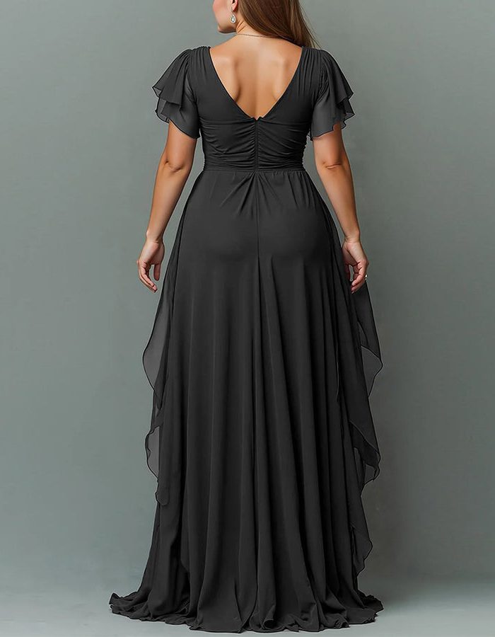 Light green V-neck tiered ruffle maxi dress. Women's elegant wedding guest attire. Formal occasion.
