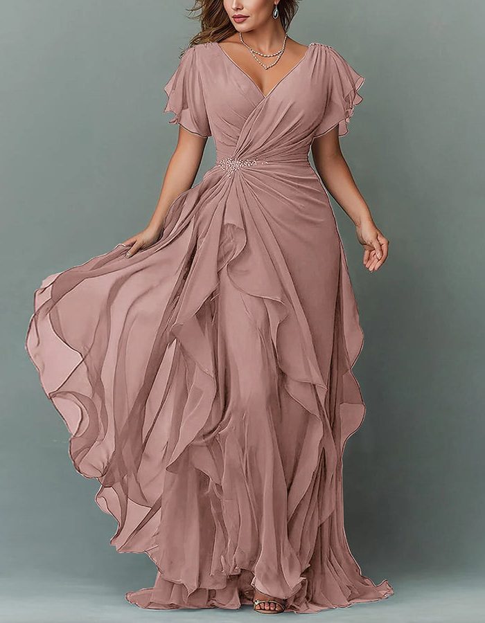 Elegant V-neck tiered ruffle maxi dress. Perfect formal gown for wedding guests & evening wear.