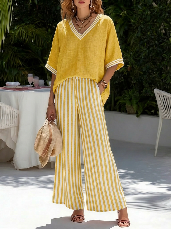Women's matching V-neck top & striped trousers set. Perfect elegant everyday outfit or comfortable travel wear.