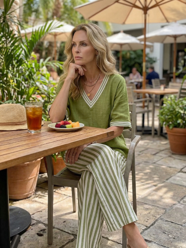 Women's relaxed fit V-neck tunic and striped trousers, a chic two-piece coordinated set.