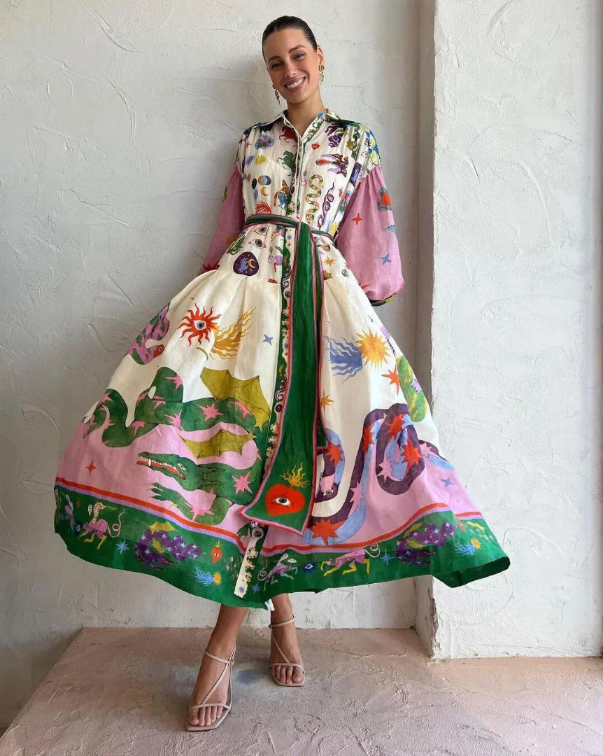 Women's elegant vintage print maxi dress with polo collar, perfect for spring/summer fashion.