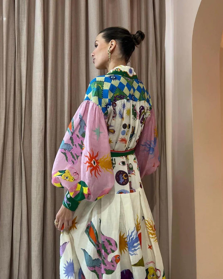 Flowy women's long maxi dress with chic vintage print & classic polo collar. Elegant casual wear.