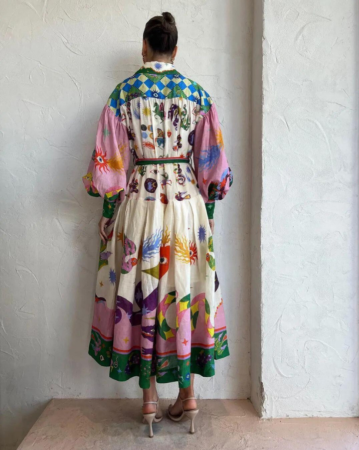 Comfortable women's vintage print maxi dress, polo collar, ideal for spring/summer elegance.