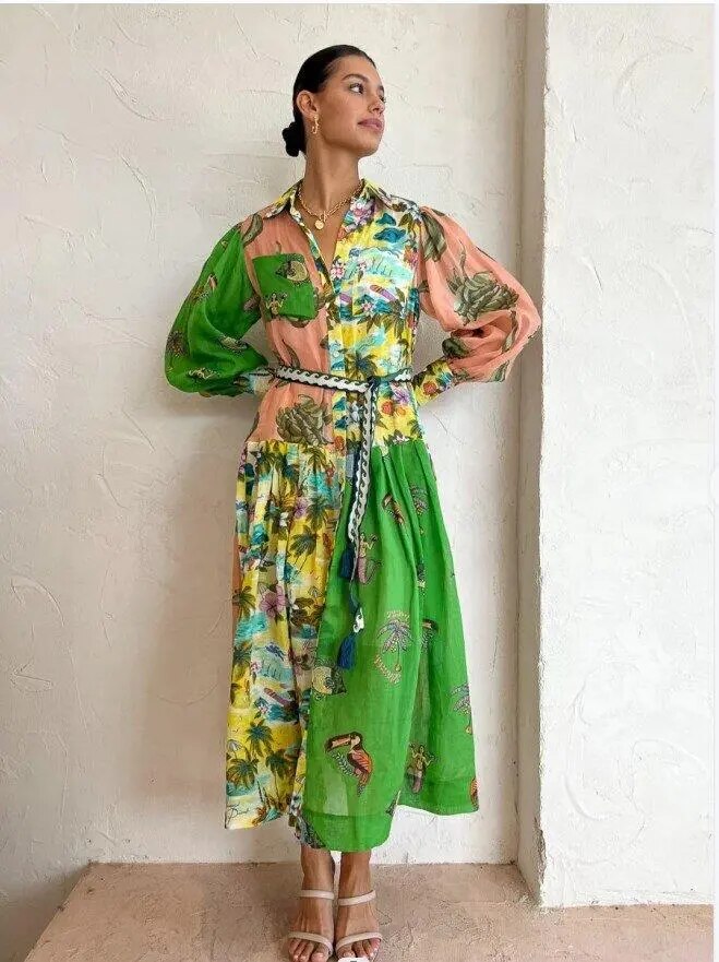 Women's elegant vintage floral print maxi dress with a stylish polo collar, ideal for autumn fashion.