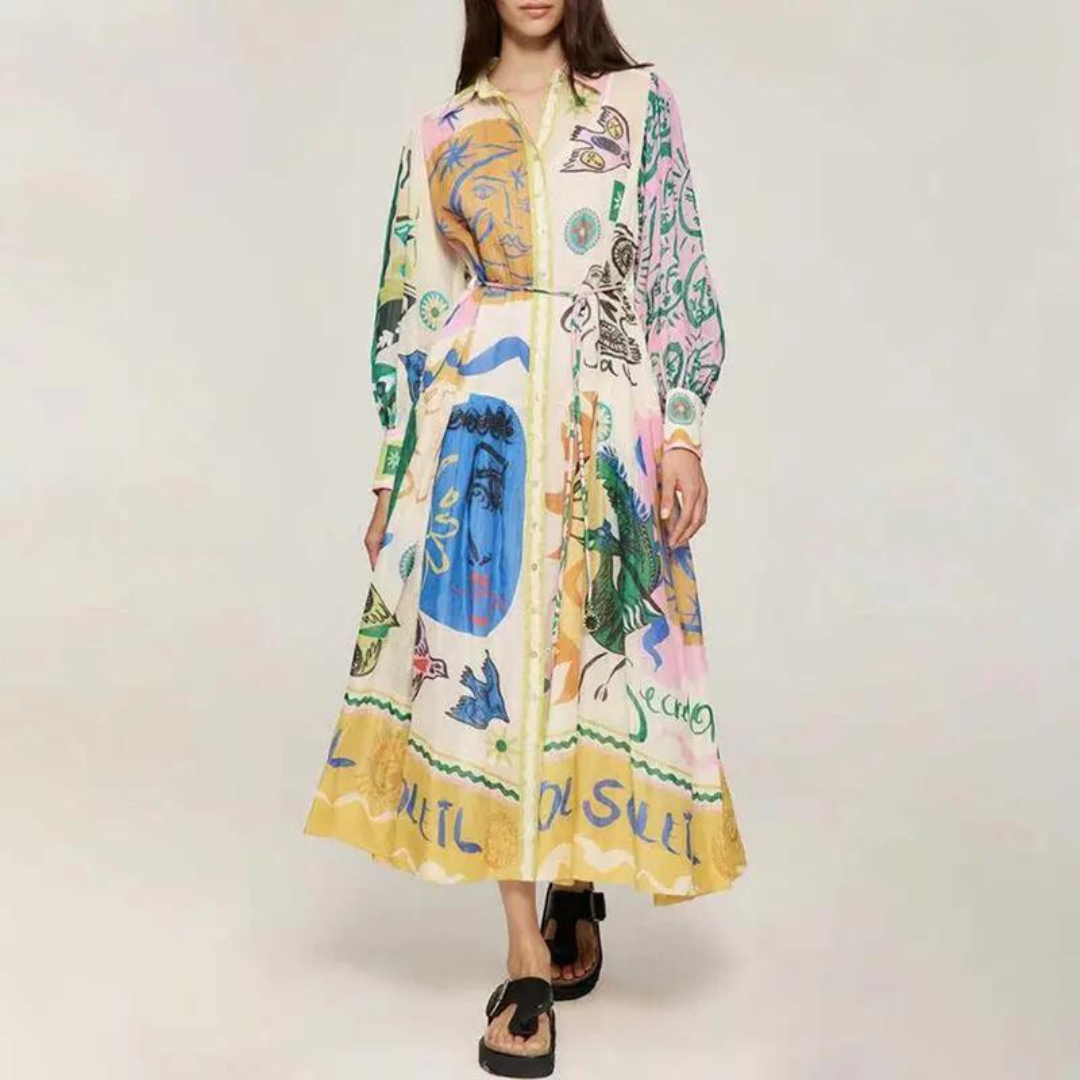 Timeless women's vintage print maxi dress with polo collar, a flowy and elegant choice for any season.