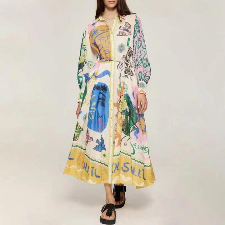 Timeless women's vintage print maxi dress with polo collar, a flowy and elegant choice for any season.