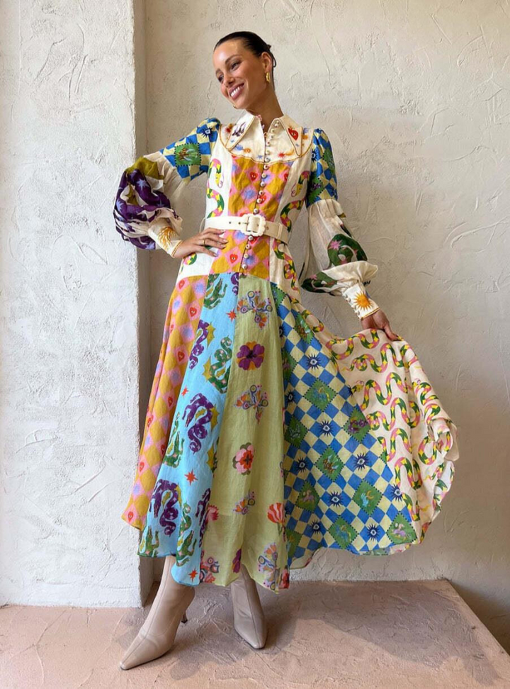 Stylish women's maxi dress, elegant vintage print, polo collar. Perfect for spring, summer, autumn.