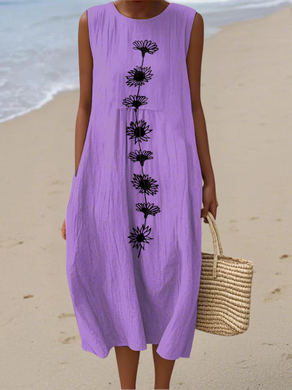 Women's elegant violet bloom floral print sleeveless midi dress. Perfect for summer, day to night comfort.