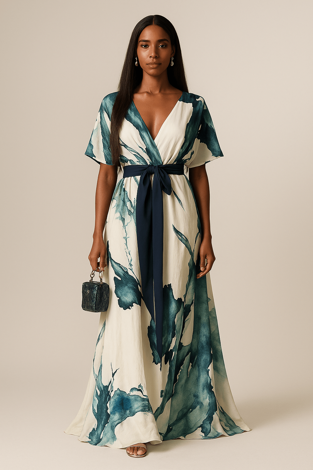 Women's elegant watercolor print maxi dress with flowy design, perfect for summer occasions & comfort.