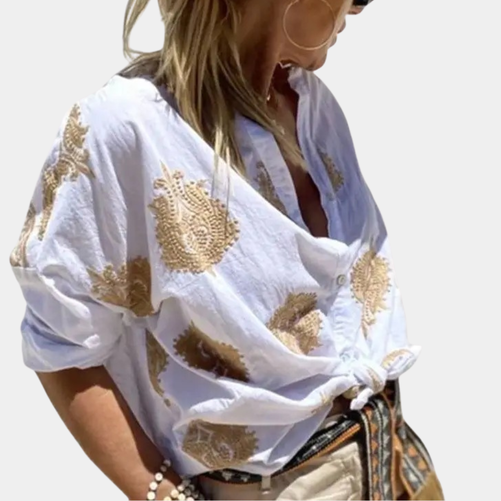 Women's elegant white everyday top, a chic & versatile blouse for comfortable spring and summer fashion. Flattering fit.