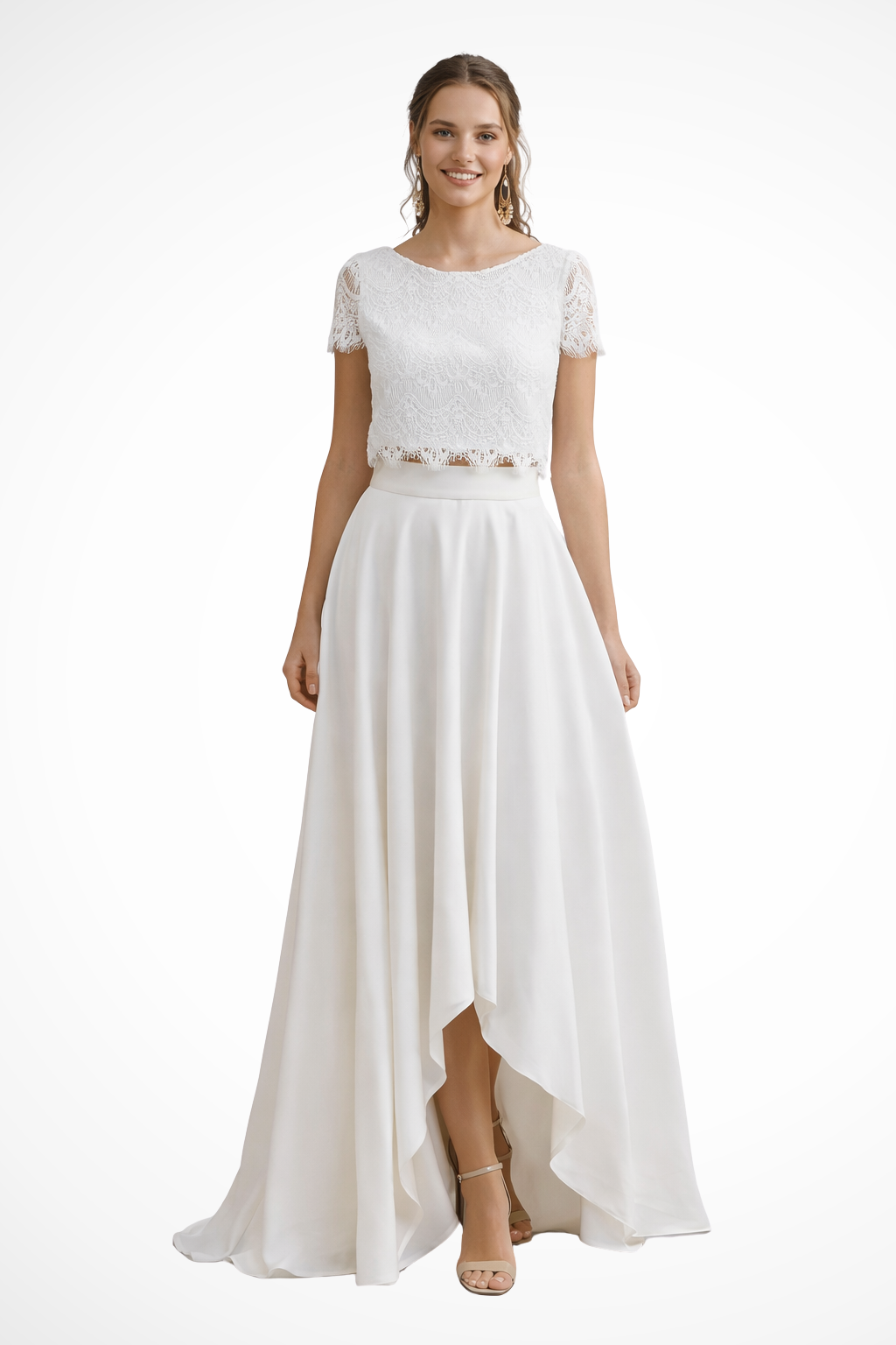 Women's elegant white lace crop top & flowing maxi skirt two-piece set for wedding guests.