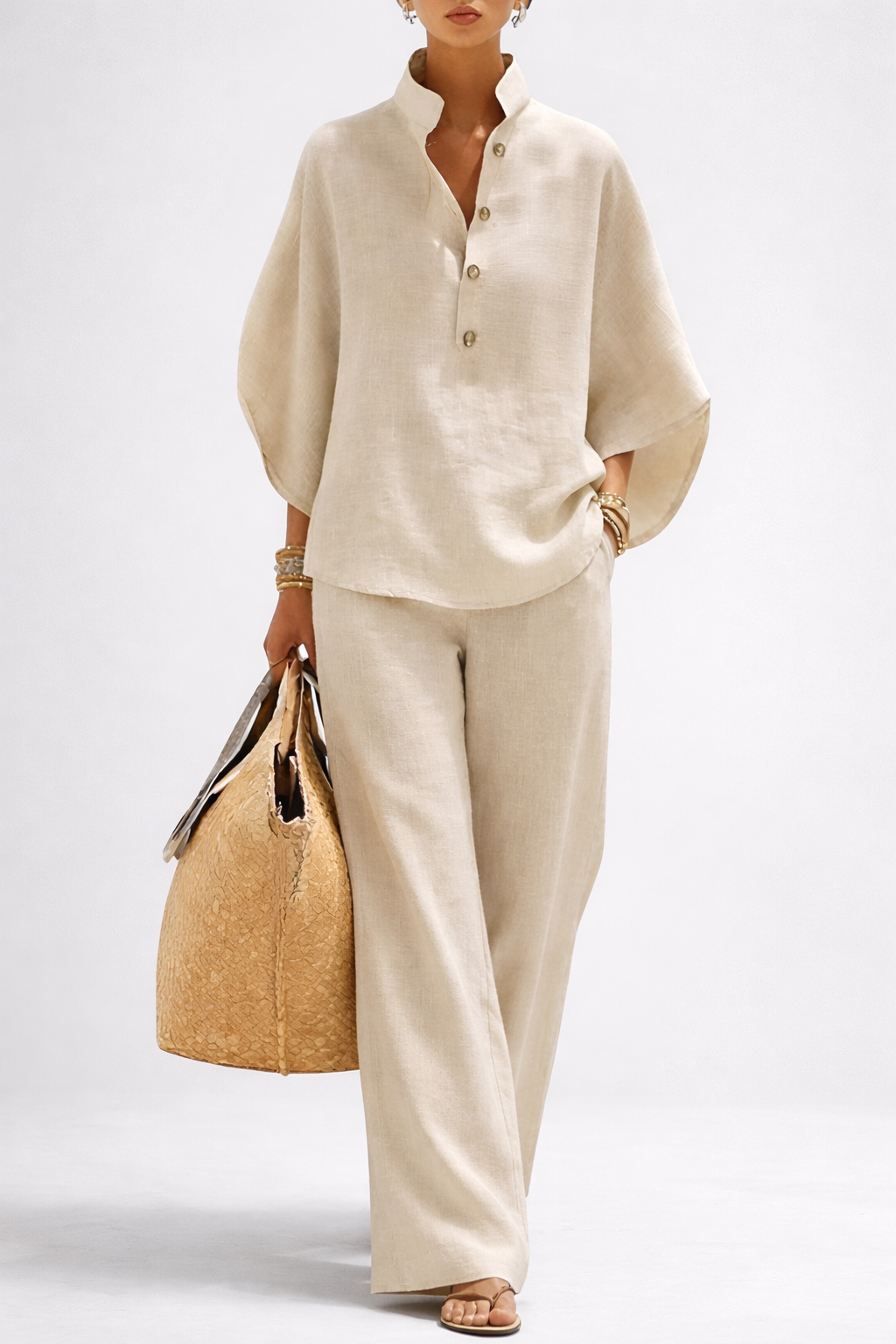 Women's elegant wide leg 2 piece set with collared top & trousers. Effortless, sophisticated fashion outfit.