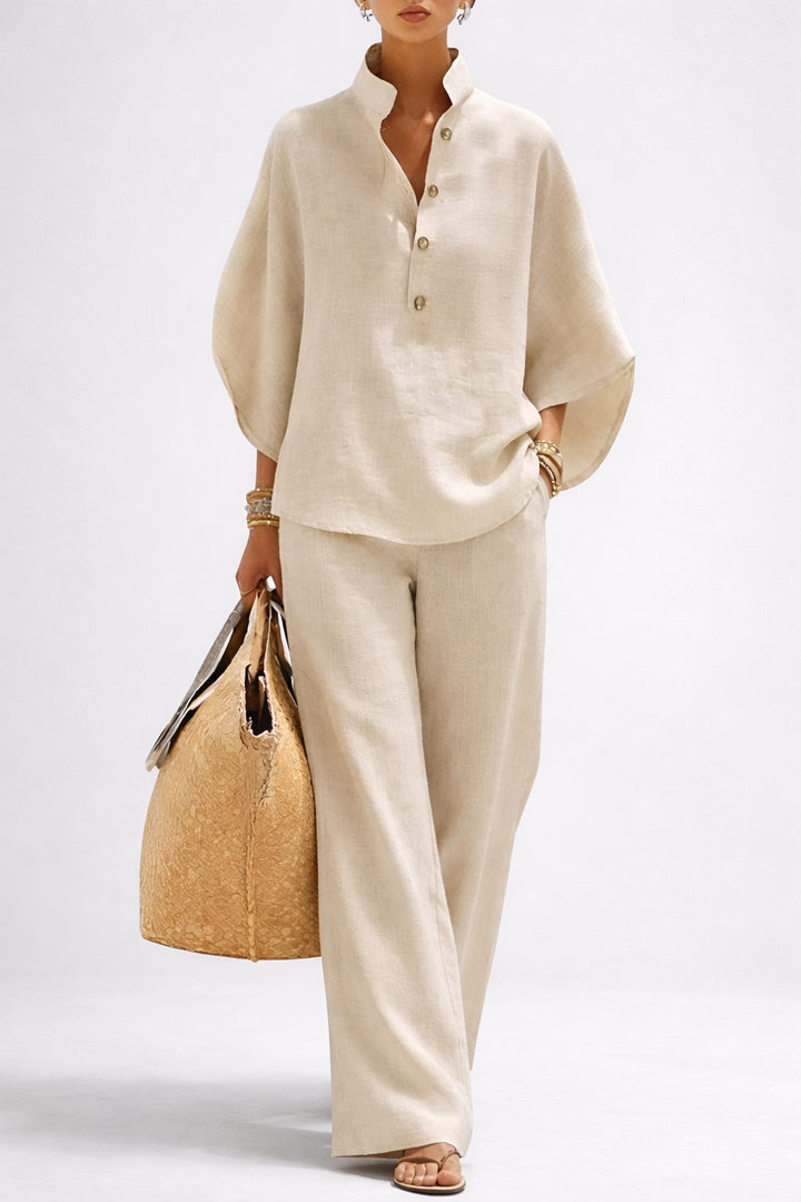Women's elegant wide leg 2 piece set with collared top & trousers. Effortless, sophisticated fashion outfit.