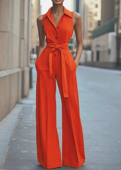 Women's elegant wide-leg belted jumpsuit, perfect for formal occasions or sophisticated evening wear.