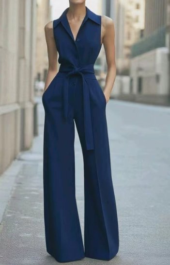Stylish women's one-piece formal jumpsuit featuring a wide-leg design and elegant belted silhouette.