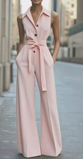 Effortless women's wide-leg jumpsuit for formal wear. Belted waist & sleeveless design offers chic style.
